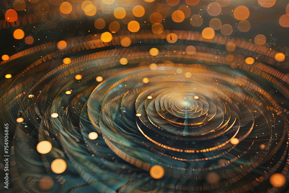 Poster a spiral composed of concentric circles emitting bright lights in an abstract pattern. generative ai