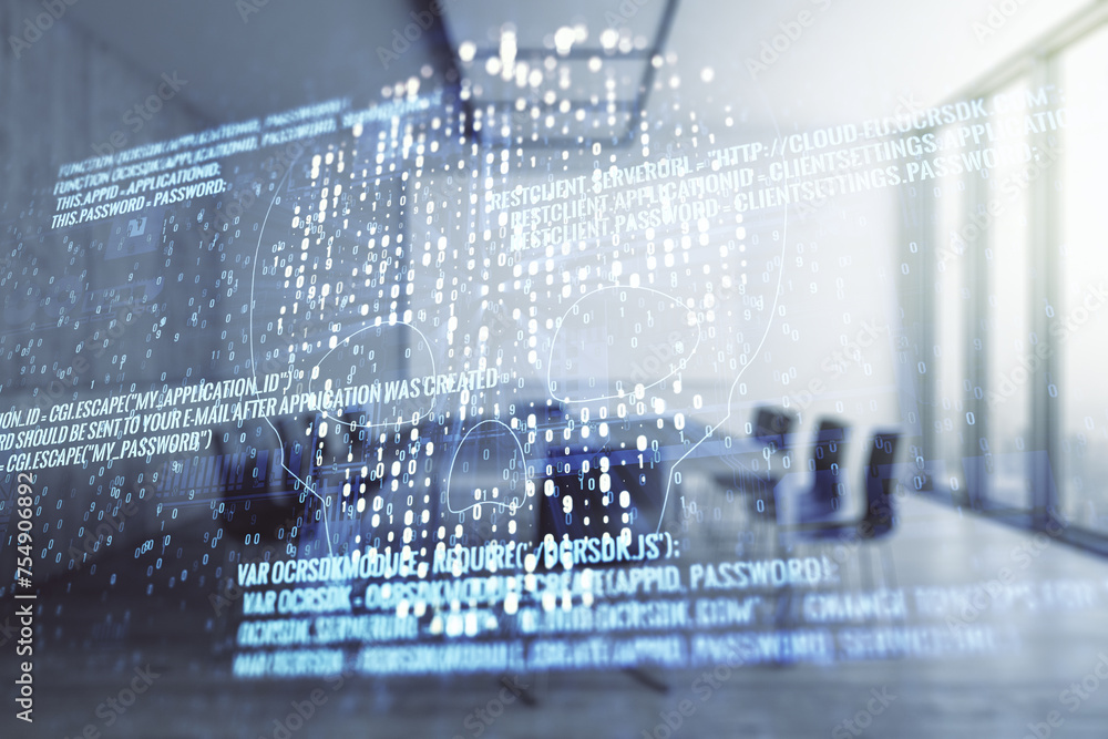 Poster double exposure of abstract virtual creative code skull hologram on a modern meeting room background