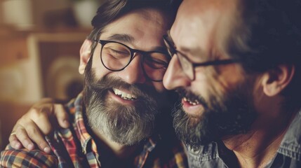 Adult hipster son fun hugging old senior father at home, two generations have a beard talking together and relaxing with smile, 2 man happy enjoy to living at home in father's day with love of family - obrazy, fototapety, plakaty