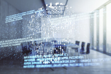 Double exposure of abstract virtual creative code skull hologram on a modern meeting room...