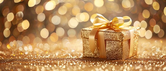 Golden Gift Box with Yellow Ribbon and Glittering Gold Foil Generative AI
