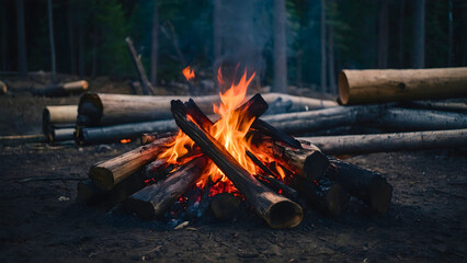 A campfire in a beautiful forest, which exudes beautiful nature. - obrazy, fototapety, plakaty