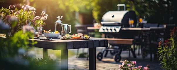 Poster summer garden table in backyard. Grill in garden ready for celebration. © amazingfotommm