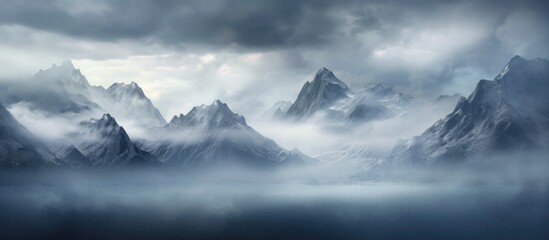A breathtaking natural landscape painting of a mountain range shrouded in fog, with snowcovered peaks peeking through the clouds in the sky - Powered by Adobe
