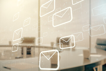 Abstract virtual postal envelopes sketch on a modern boardroom background, e-mail and marketing concept. Double exposure