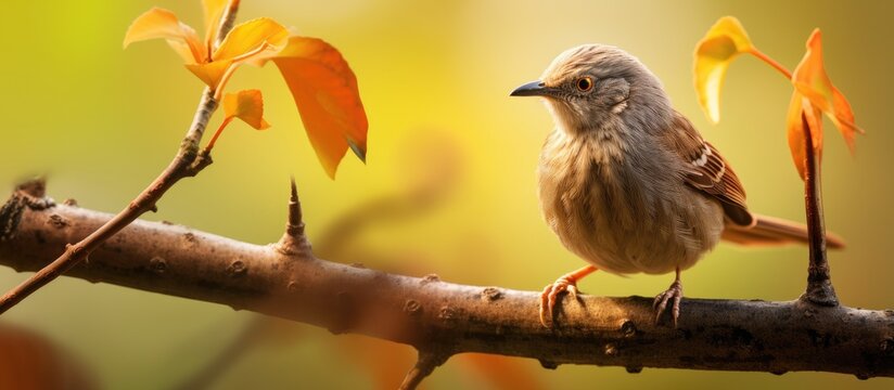 A small songbird perched on a twig, with colorful feathers and a delicate beak, showcasing the art of nature and science in a harmonious event of a perching bird