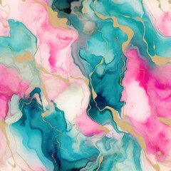 Abstract pink and blue marble texture with golden accents