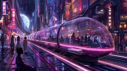Neon Cityscape A Futuristic Train Ride Through the Illuminated City Generative AI