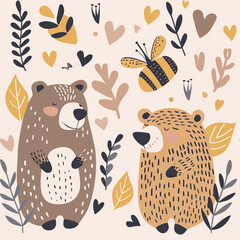 Whimsical illustration of bears and a butterfly in a folk style