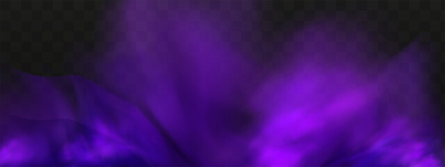 Scary mystical  violet fog in night Halloween. Purple poisonous gas, dust and smoke effect.Realistic neon magic mist steam on a transparent dark background.