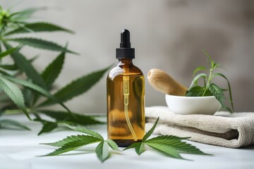 CBD oil in dropper bottle with cannabis leaves