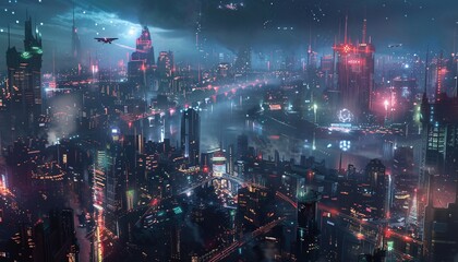 Nighttime Cityscape with Futuristic Skyscrapers and Spacecraft Generative AI