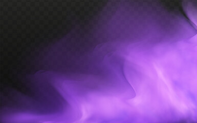 Scary mystical  violet fog in night Halloween. Purple poisonous gas, dust and smoke effect.Realistic neon magic mist steam on a transparent dark background.