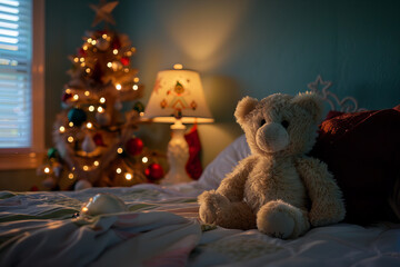 Cozy Festive Bedroom Ambiance with Teddy and Christmas Tree Banner