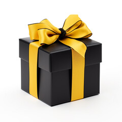 Obraz premium yellow gift box with black bow on white background сreated with Generative Ai