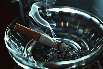 Extinguished cigarette in ashtray emitting smoke on dark background.
