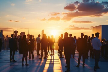 Corporate event on a rooftop at sunset with silhouettes of attendees.