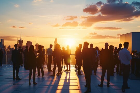 Corporate event on a rooftop at sunset with silhouettes of attendees.