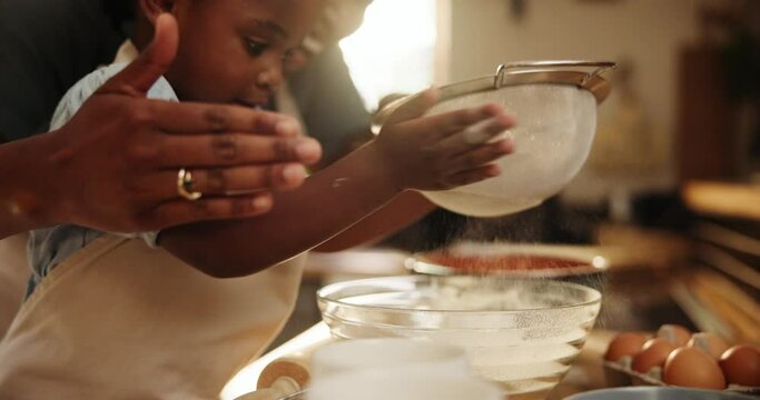 Mommy, daughter and flour for baking in home, education and learning for child development. Black family, kitchen and love for pastry or cake and dessert, helping and happy while bonding on weekend
