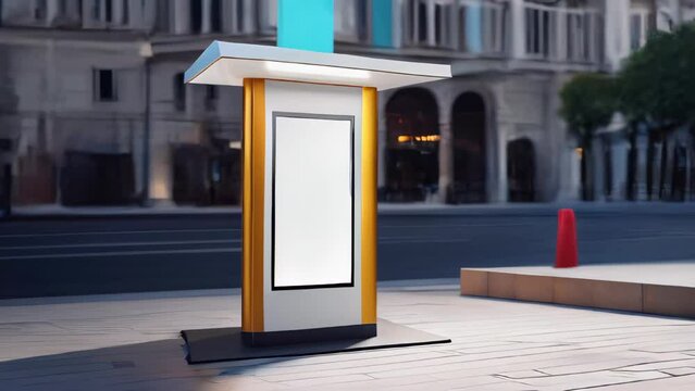 Modern city light led display mockup with city background. Isolated surface for ad design promotion. Blank vertical street advertising pillar. Mock up template. billboard, public information board.