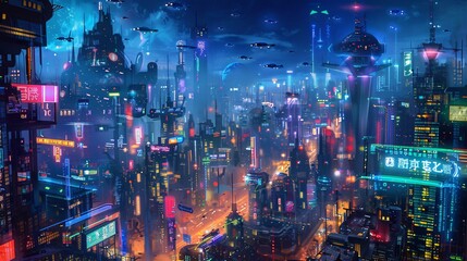 Fototapeta na wymiar Urban Futuristic A Glowing Cityscape with Aliens and UFOs Generative AI