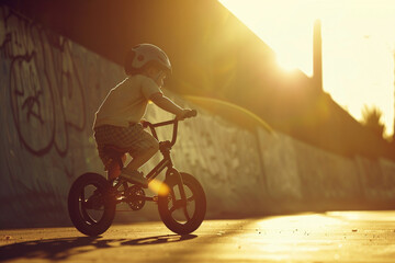Silhouette of a child biking at sunset, graffiti wall in the background.