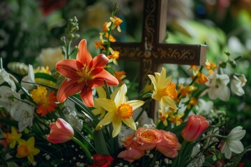Floral arrangement at a memorial with a cross, symbolizing remembrance and faith.