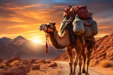 Desert landscape at sunset with pink skies, camels trekking, and large sun setting over horizon