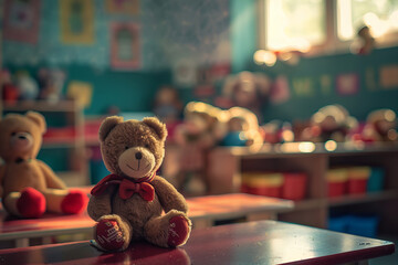 Sunlit Childhood Nostalgia: Teddy Bear in a Playroom Banner - obrazy, fototapety, plakaty