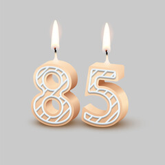 Birthday number eighty five, candle with fire vector illustration. 3D beige number 85 with icing, candlelight for birthday or anniversary cake and happy party, invitation and greeting card design