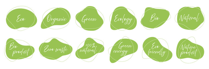 Set of amoeba blots green organic labels. Badges with different words ecology, bio, natural. Sign label,textured emblem set. Organic design template