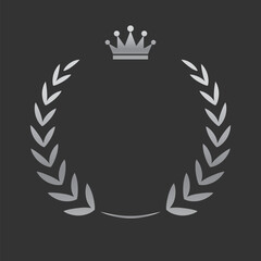Realistic silver laurel wreath with crown. Premium insignia, traditional victory symbol on black backdrop. Triumph, win poster, banner layout , shiny frame, border