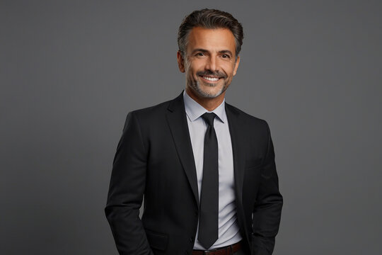 Confident mature businessman in formalwear smiling at camera while standing against grey background