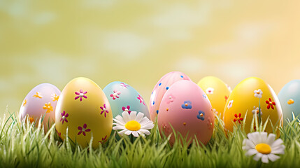 Easter eggs on green grass on a sunny day