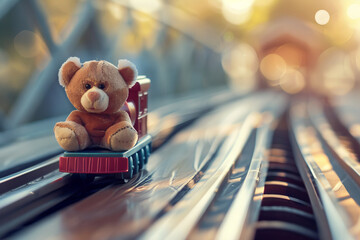 Lonely Teddy Bears Sunset Journey on Miniature Railway Adventure Banner - obrazy, fototapety, plakaty
