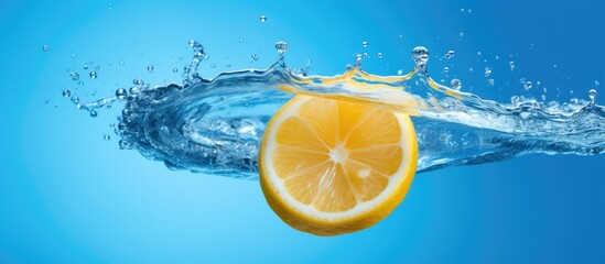 A slice of citrusy lemon is tumbling into a pool of electric blue liquid, creating a captivating splash captured in macro photography