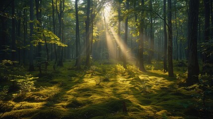 Fototapeta na wymiar Sunlight Filtering Through Trees in Forest