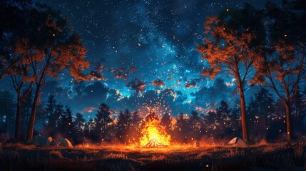 People Sitting Around Campfire Under Starry Night Sky - obrazy, fototapety, plakaty