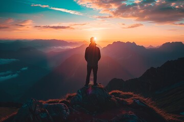 A silhouette of a person standing on a mountain peak, observing the sunset. Generative AI