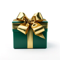 green gift box with gold bow on white background сreated with Generative Ai