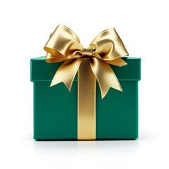 green gift box with gold bow on white background сreated with Generative Ai