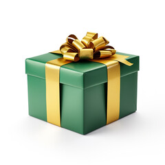 green gift box with gold bow on white background сreated with Generative Ai