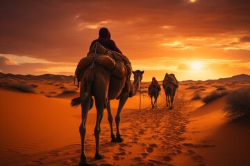 Desert landscape at sunset with camels trekking under pink skies and large sun setting