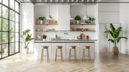 Fototapeta na wymiar Modern kitchen with white cabinetry, wooden countertops, and open shelving adorned with plants and jars, creating a cozy and natural atmosphere.