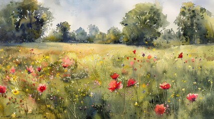 A watercolor painting depicting a tranquil meadow, with a blend of wildflowers in the foreground and a hazy treeline in the distance under a soft blue sky © mashimara