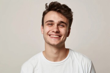 Joyful young man smiling widely in a white t-shirt, on a gray background. Suitable for fashion and positive emotion themes.