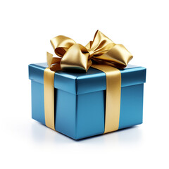 Obraz premium blue gift box with gold bow on white background сreated with Generative Ai
