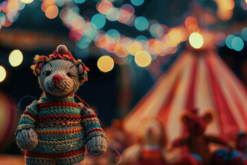 Colorful Handmade Knitted Toy Clown Banner in Magical Circus Ambience - obrazy, fototapety, plakaty