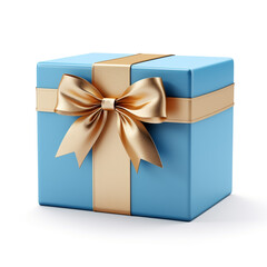 blue gift box with gold bow on white background сreated with Generative Ai