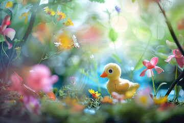 Enchanted Garden Adventure: Whimsical Duckling Among Blooming Flowers Banner - obrazy, fototapety, plakaty